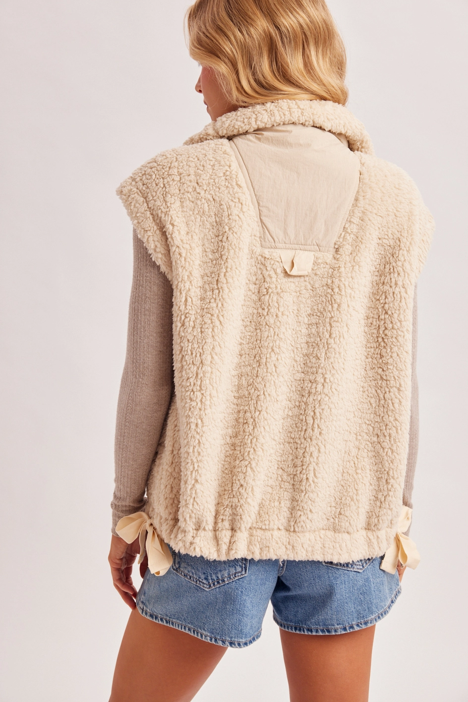 Button Down Mock Neck Fleece Sherpa Vest - Beige