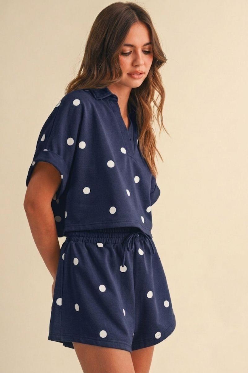 Polka Dot Short Sleeved Collared Top - Navy/White