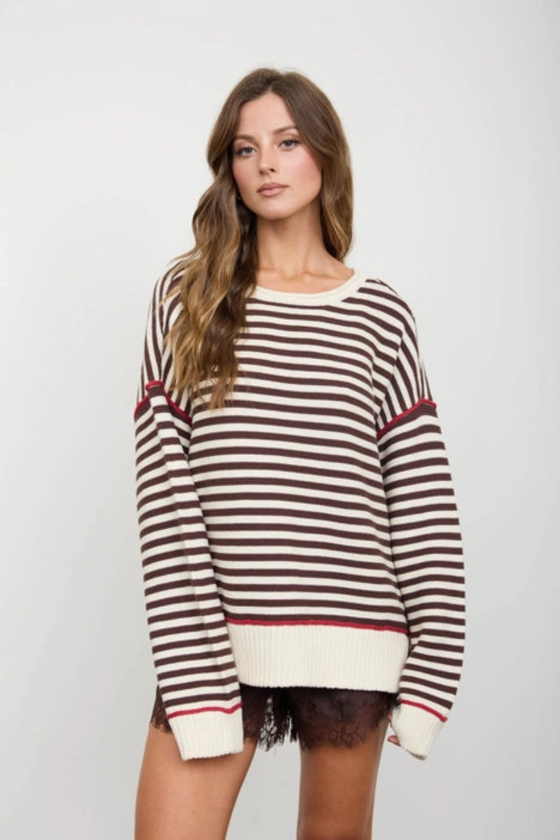 Stripe Contrast Stitch Raw Edge Knit Sweater - Front View