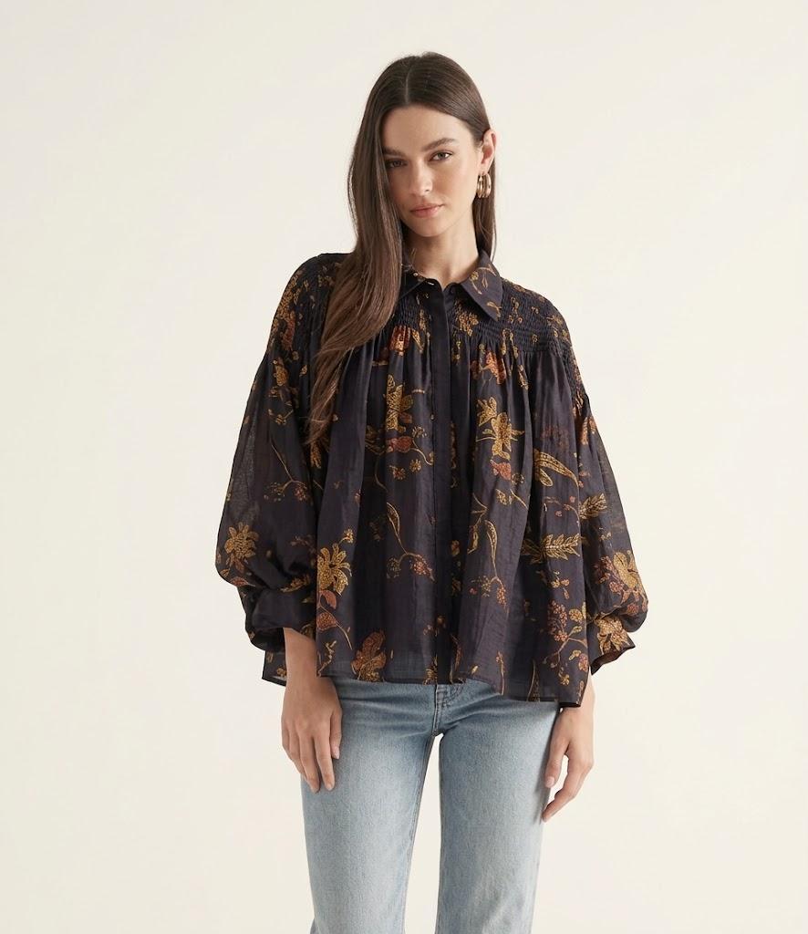 Floral Balloon Sleeve Blouse - Chocolate Camel