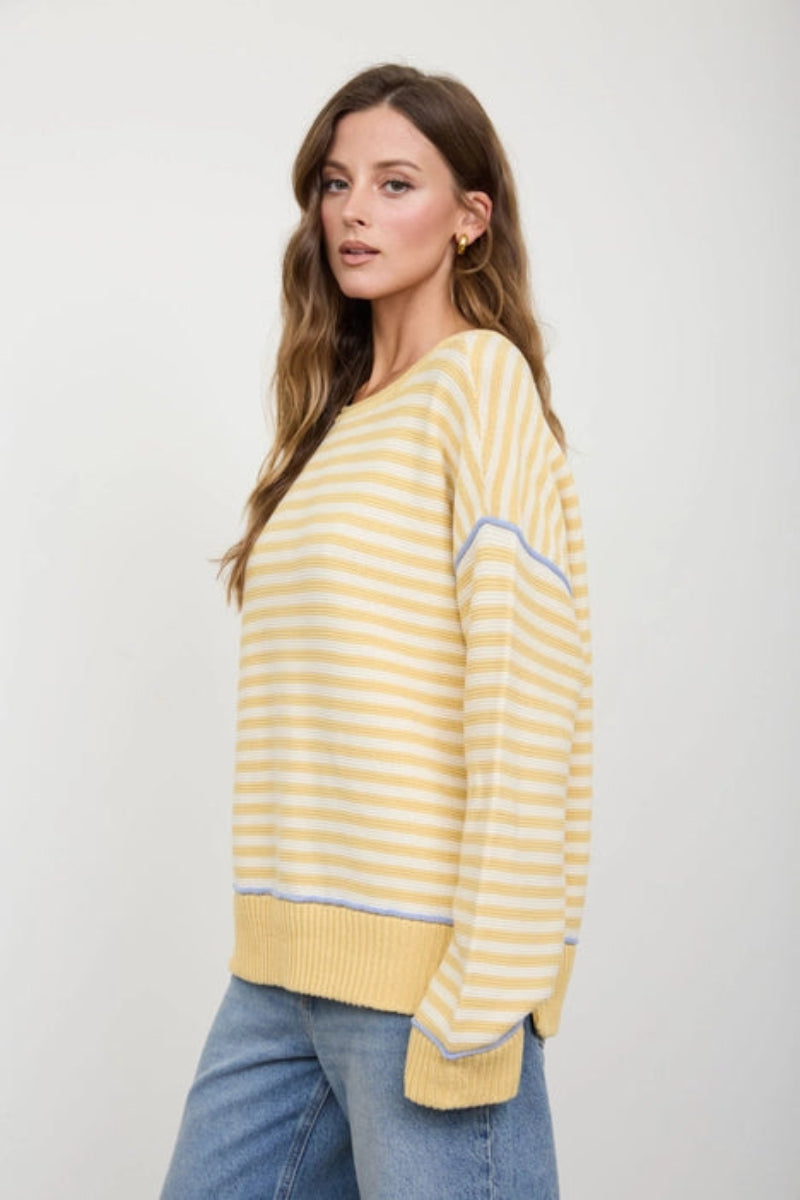 Stripe Contrast Stitch Raw Edge Knit Sweater - Side View