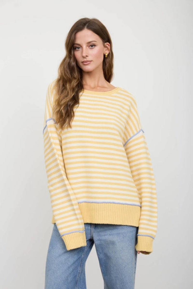 Stripe Contrast Stitch Raw Edge Knit Sweater - Front View