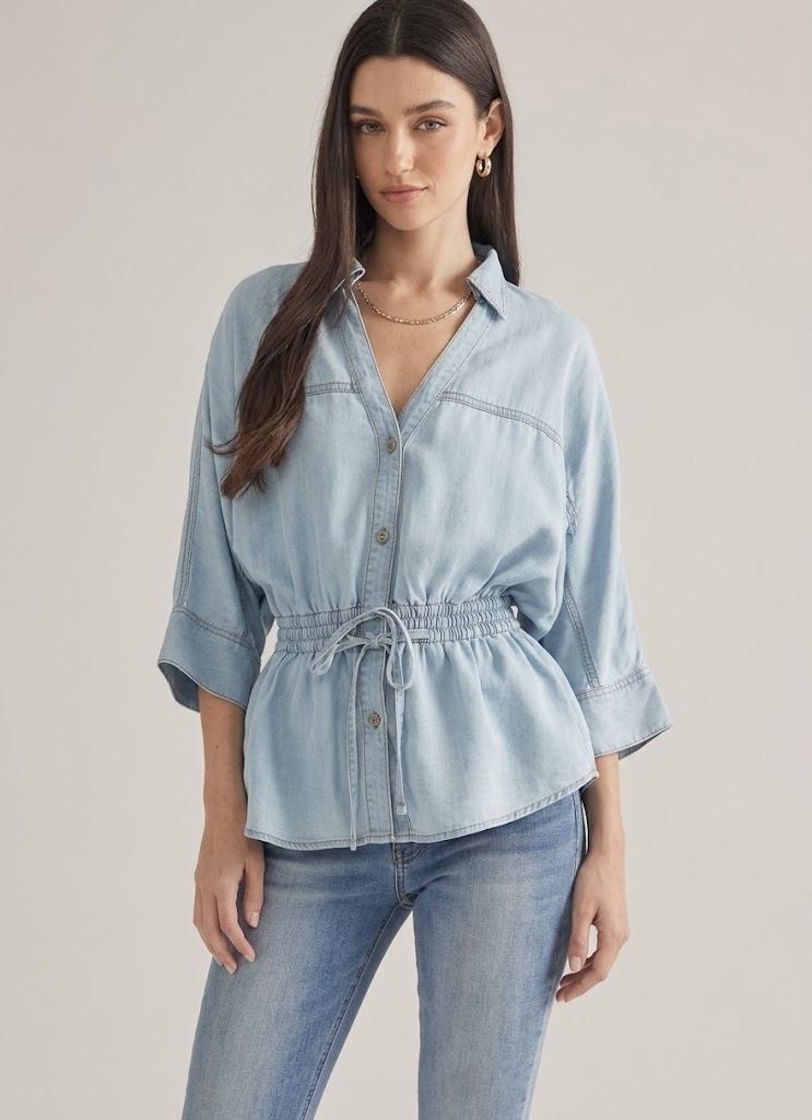 Drawstring Waist Peplum Shirt - Denim