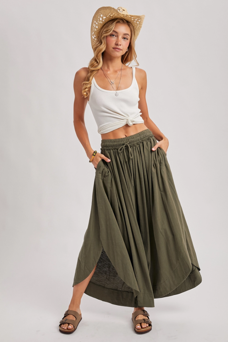 Bluivy Bohemian Side Slit Rounded Hem Wide Leg Pants - Front View