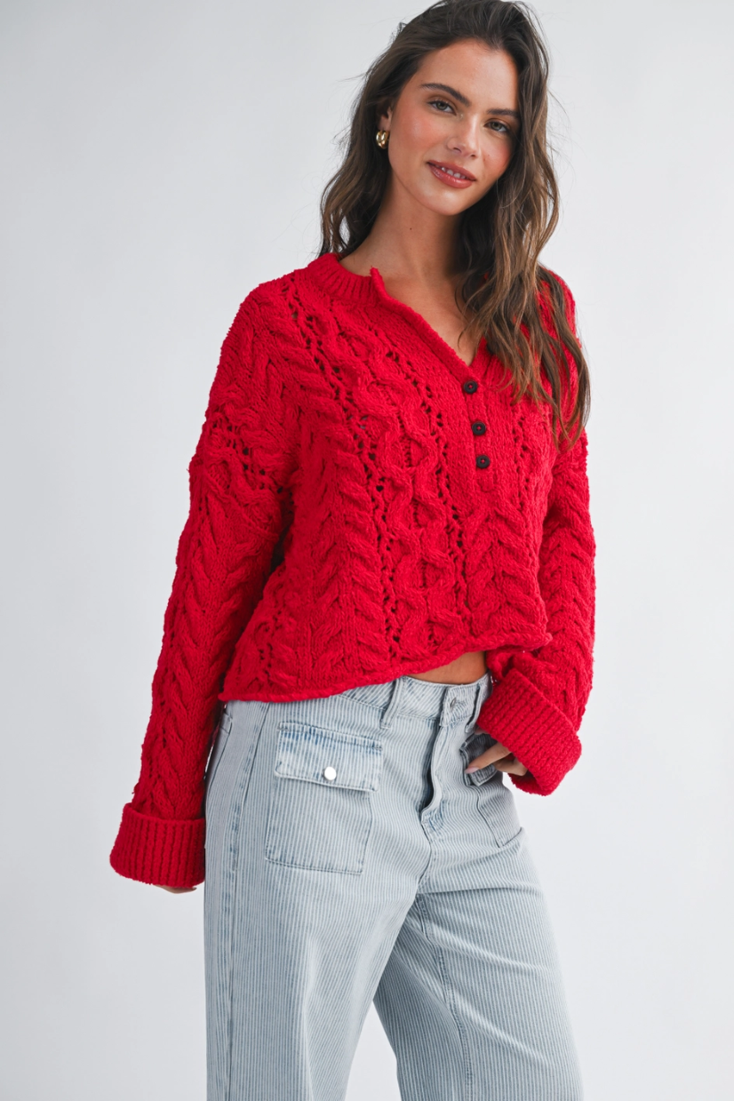Textured Cropped Henley Knit Sweater
