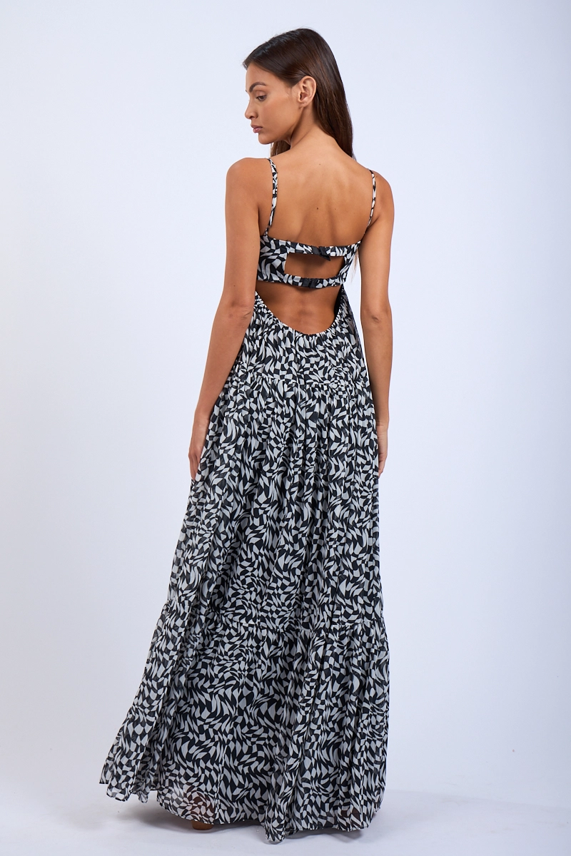 Abstract Checker Open Back Hook&Eyes Maxi Dress - Mystery Checker