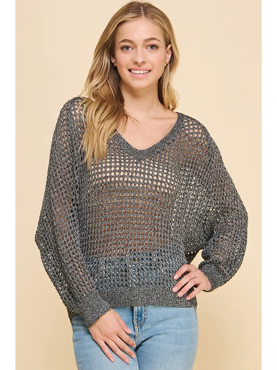Long Sleeve Open Weave Foil Knit Sweater