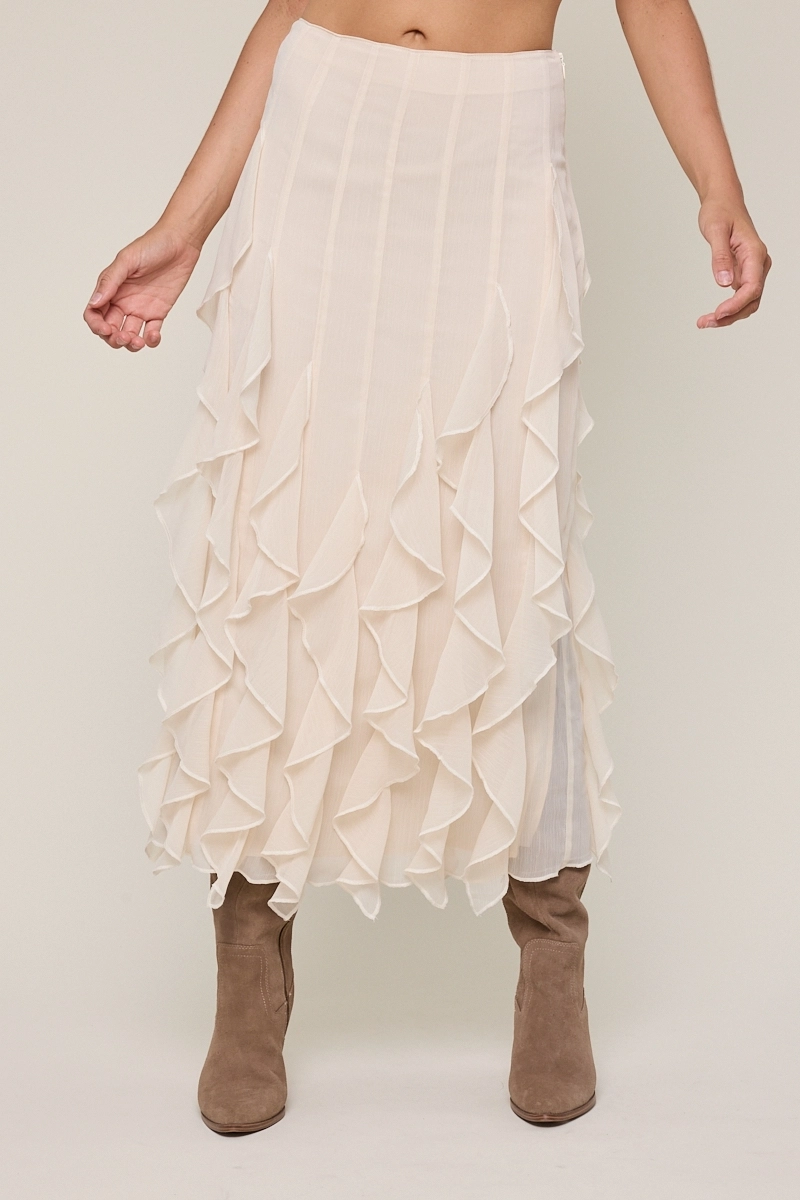 Sheer High-Waist Tiered Ruffle Lace Midi Skirt