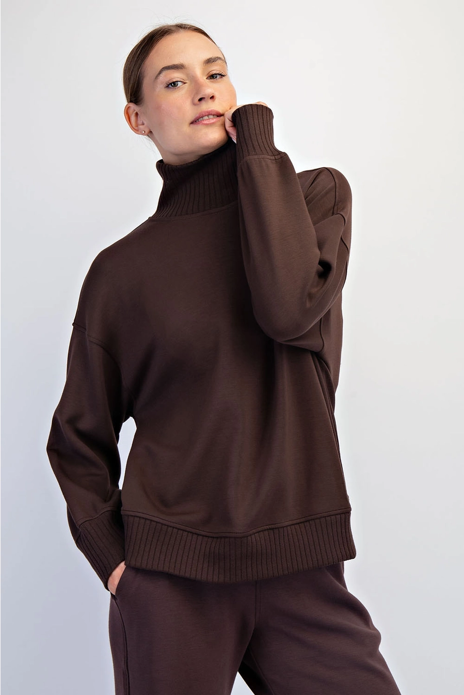 Modal Scuba Ribbed Mock Neck Pullover - Espresso