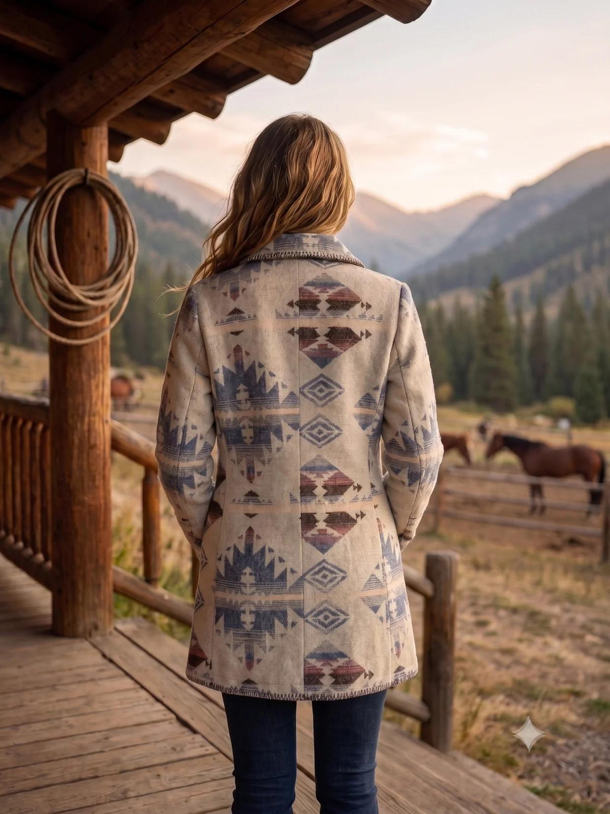 Aztec Long Coat with Blanket Stitching