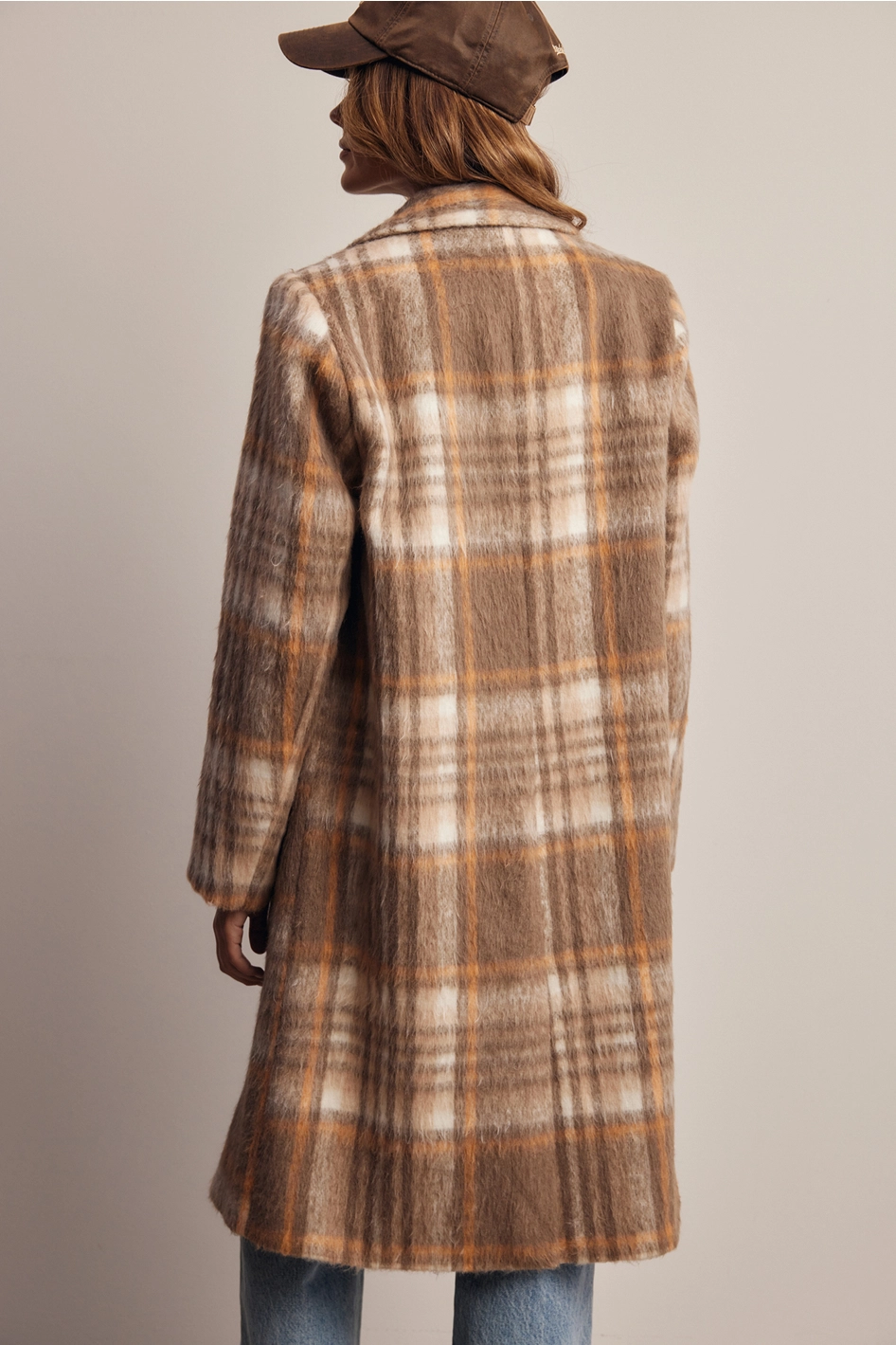 Plaid Brushed Long Coat - Macchiato