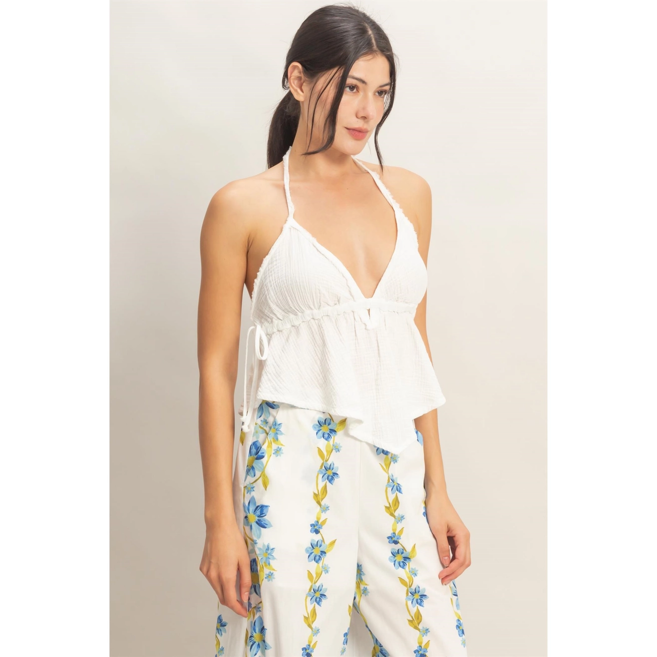 Textured Halter Tie Waist Top - Off White