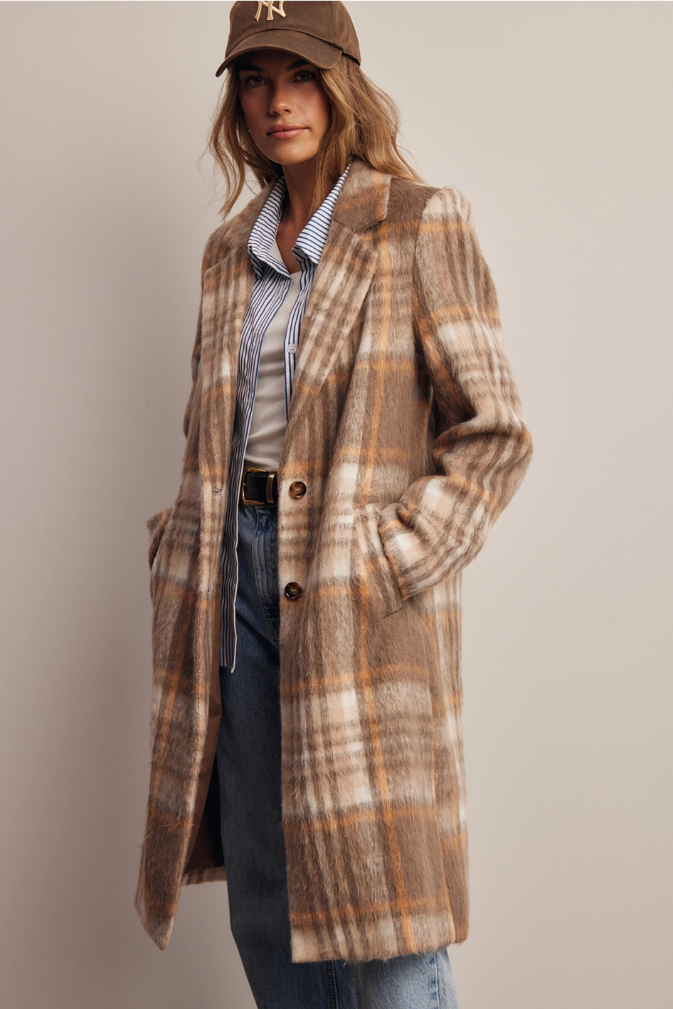 Plaid Brushed Long Coat - Macchiato
