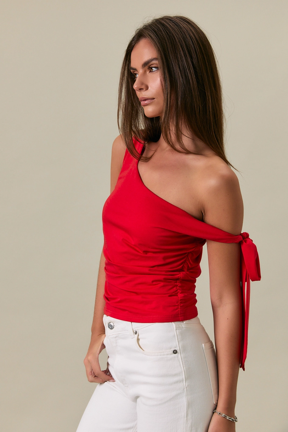 SELF DOUBLE ONE SHOULDER TIE DETAIL TOP