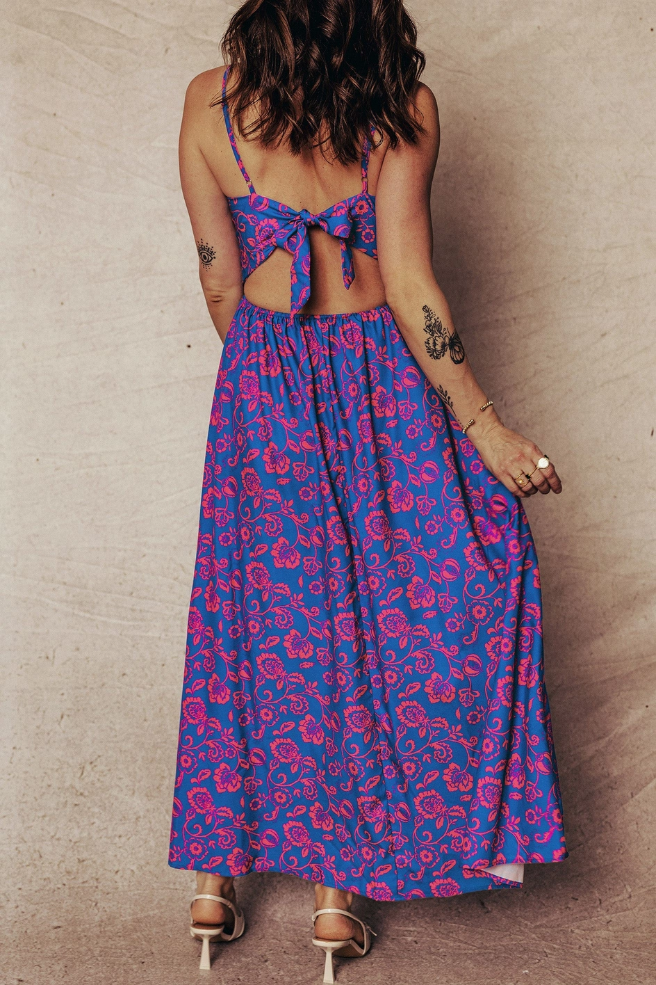 Floral Boho Maxi Dress Cutout Back - Blue
