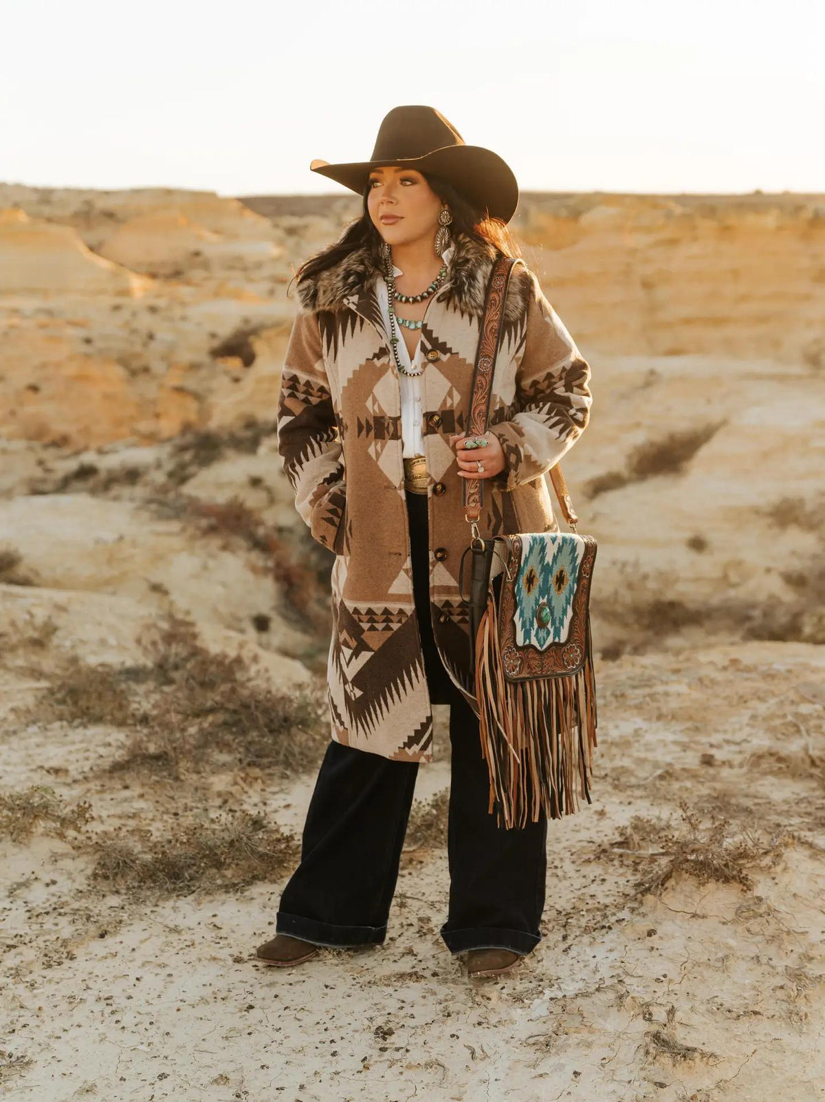 Aztec Long Coat with Removable Fur Collar
