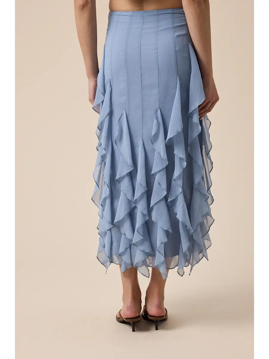 Sheer High-Waist Tiered Ruffle Lace Midi Skirt