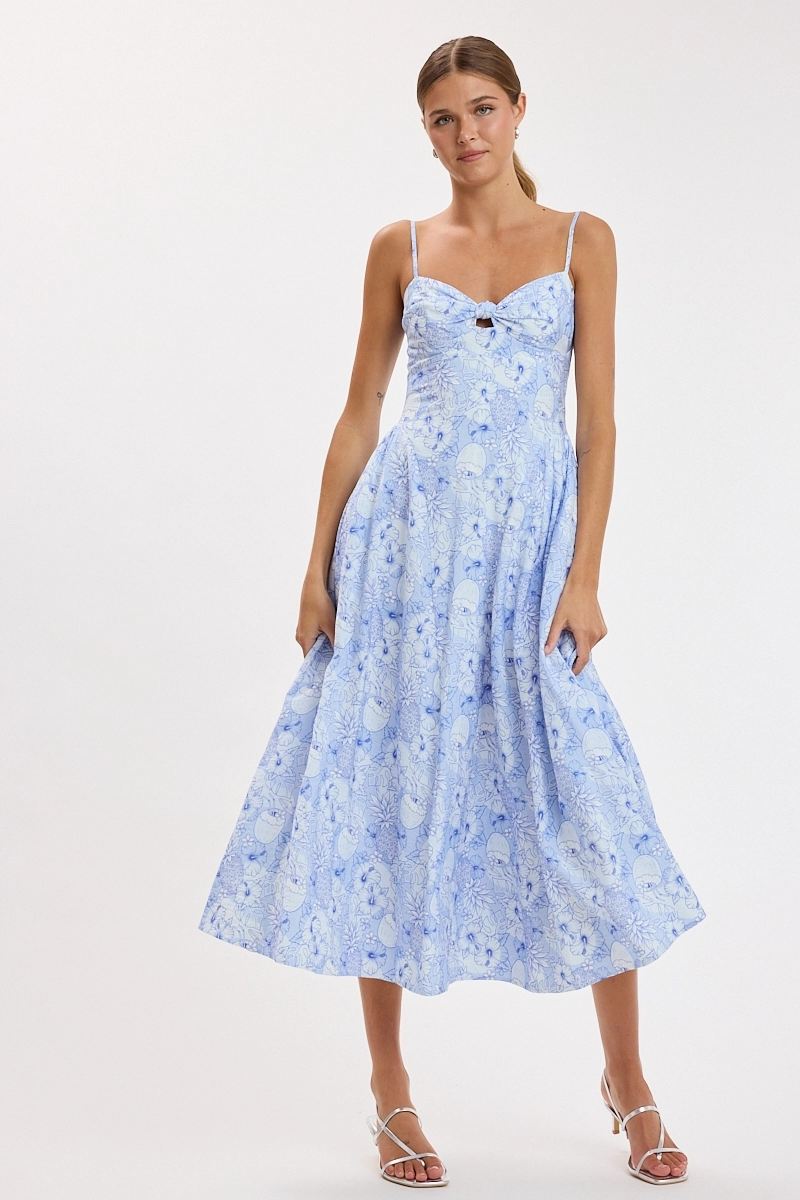 Blue Hawaii Twist Sweetheart Fit & Flare Midi Dress