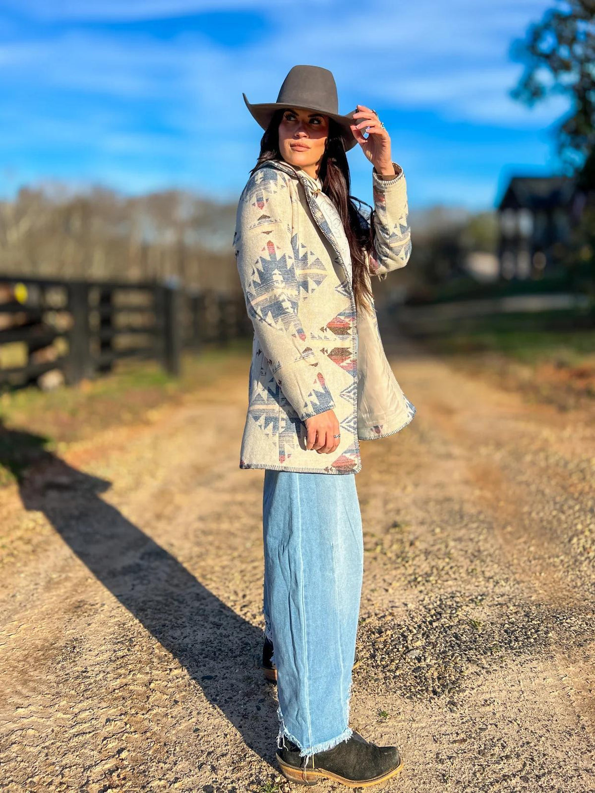 Aztec Long Coat with Blanket Stitching