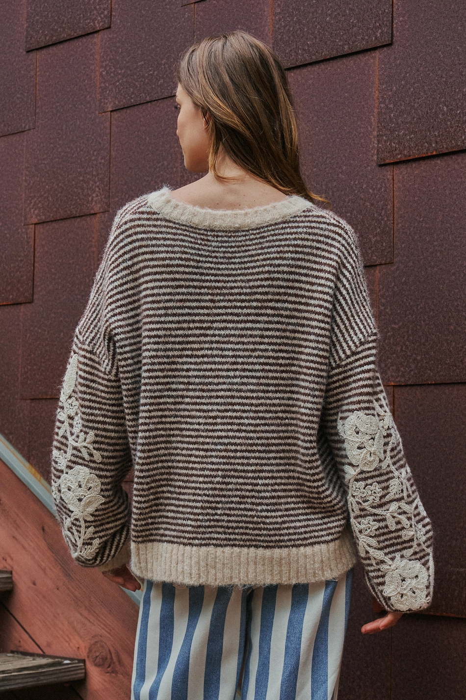 Floral Embroidered Striped Knit Sweater - Brown