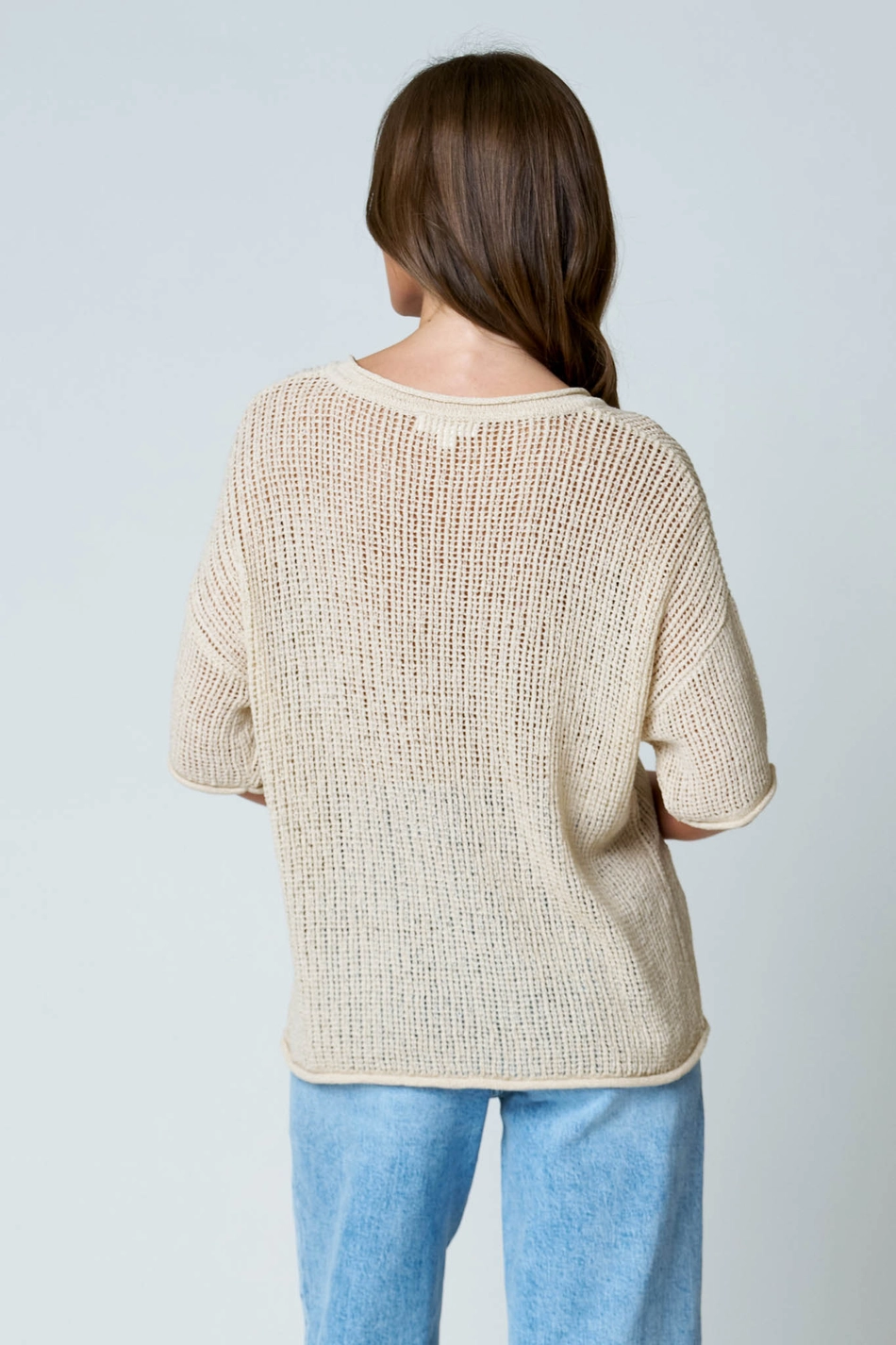Split Neck Short Sleeve Sheer Crochet Knit Top