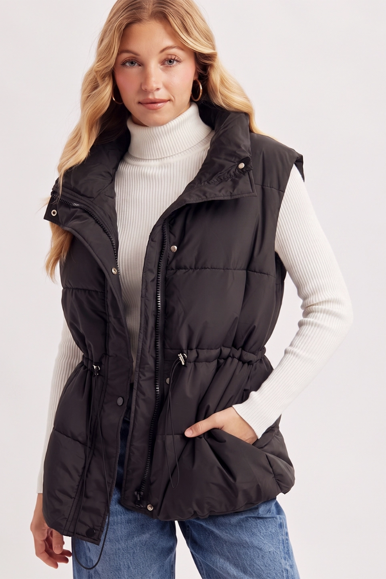 Funnel Neck Waist-String Puffer Vest