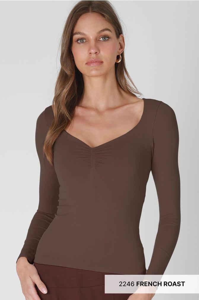Clean Line Shirred Long Sleeve Top - French Roast