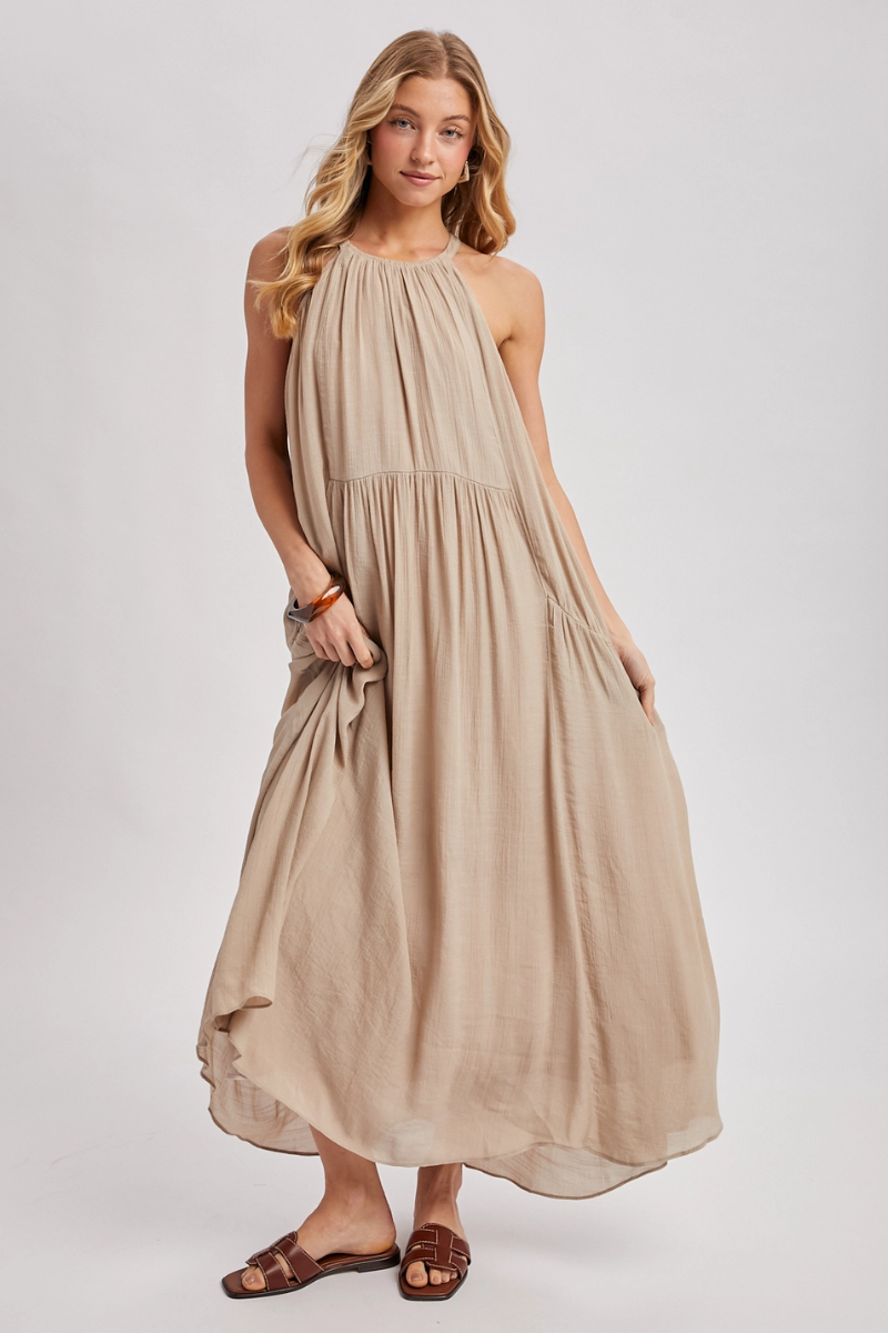 Bluivy Gathered Halter Neck Flowy Maxi Dress - Front View