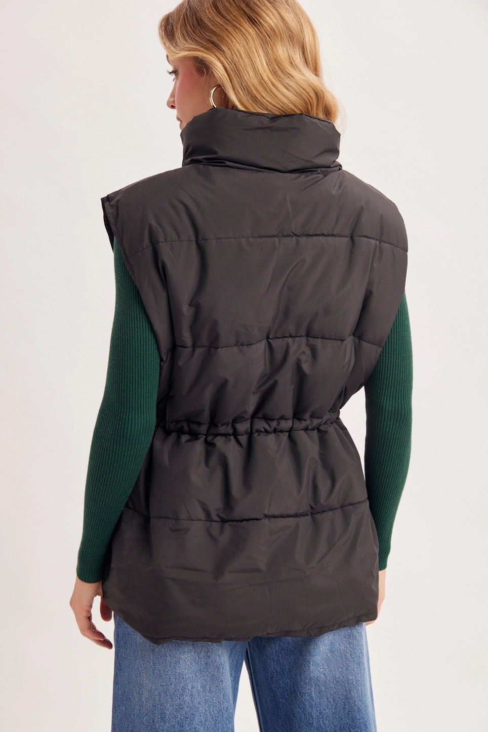 Funnel Neck Waist-String Puffer Vest