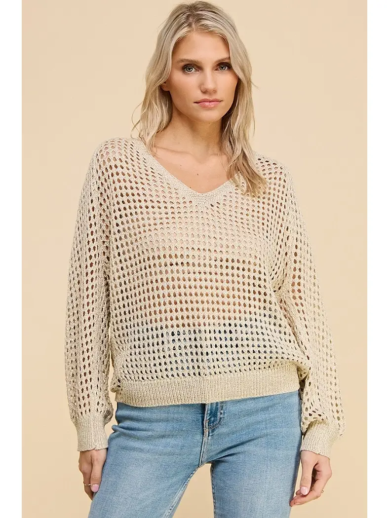 Long Sleeve Open Weave Foil Knit Sweater