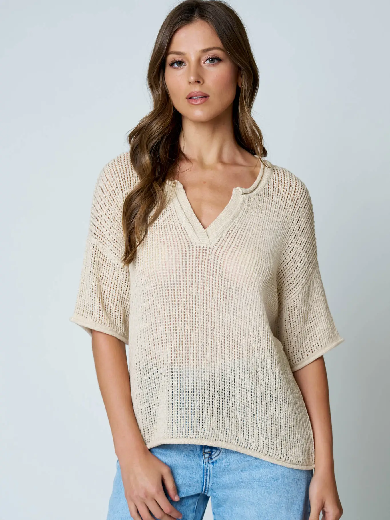Split Neck Short Sleeve Sheer Crochet Knit Top