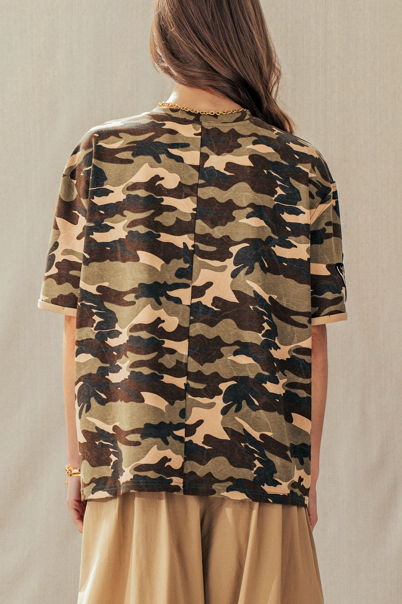 Embroidered Floral Butterfly Patch Camo Tee - Camouflage