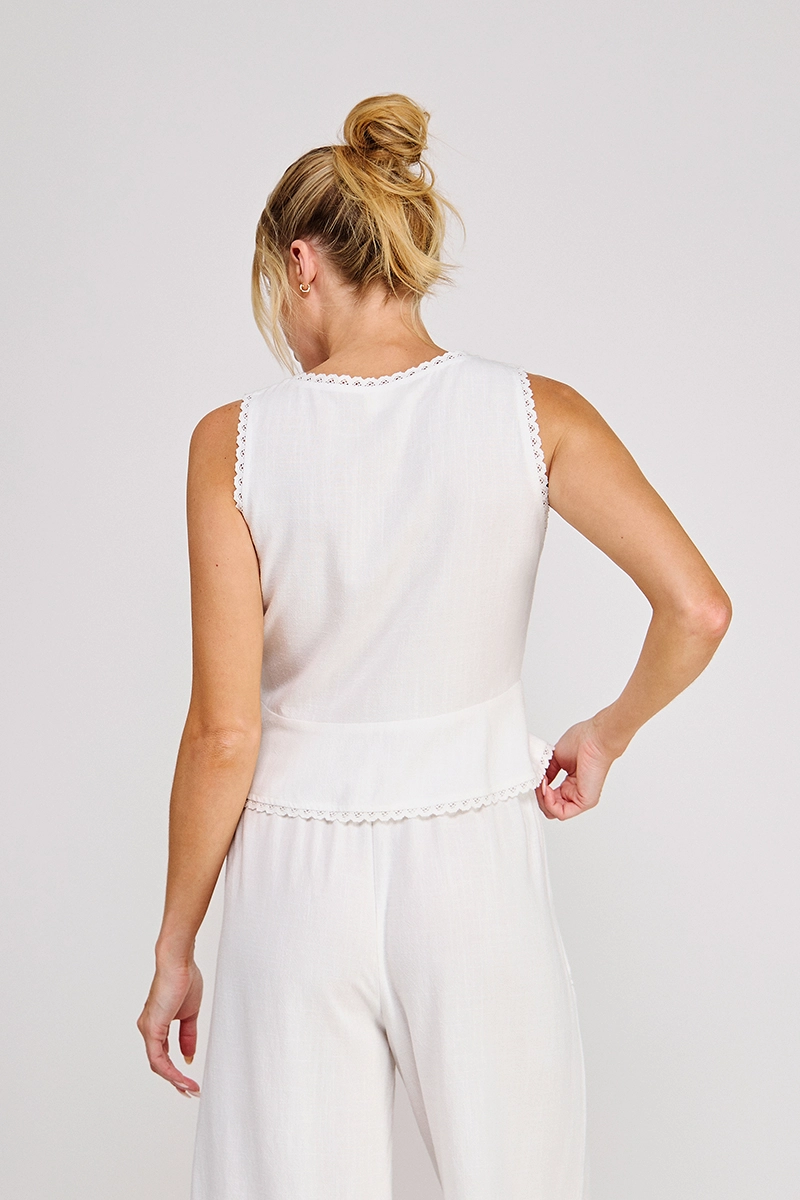 3-Tie Lace Detail Linen Blend Peplum Tank - Off White