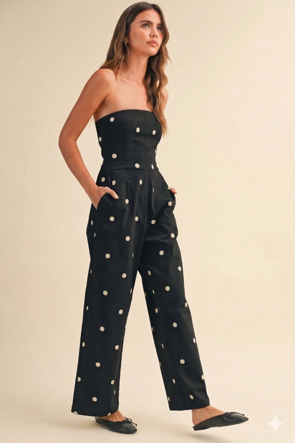 Polka Dot Stretch Twill Strapless Wide Leg Jumpsuit