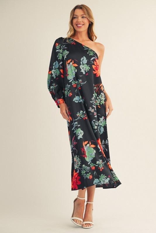 One Shoulder Floral Midi Dress - Black