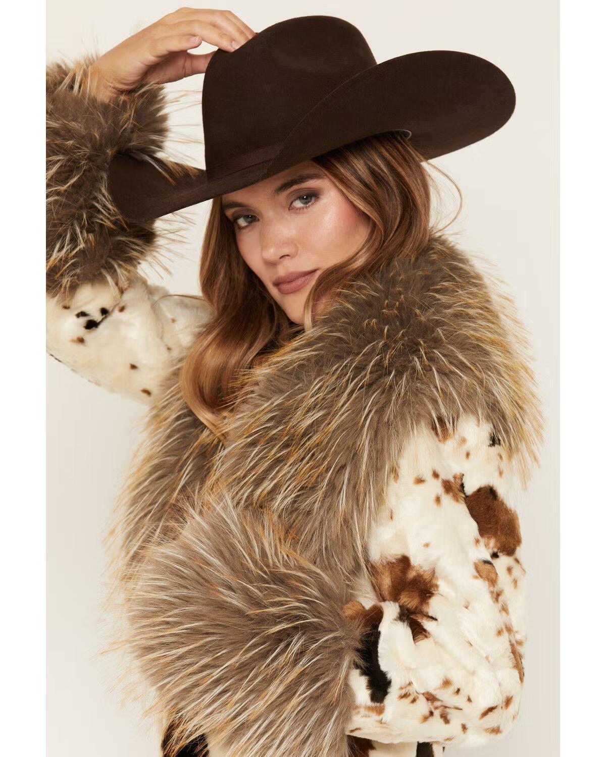 Azalea Wang Bree Cow Faux Fur Shawl Collar Cropped Coat - Brown Multi