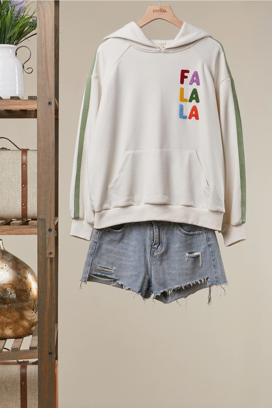 Fa La La Stripe Sleeve Hoodie - Ivory