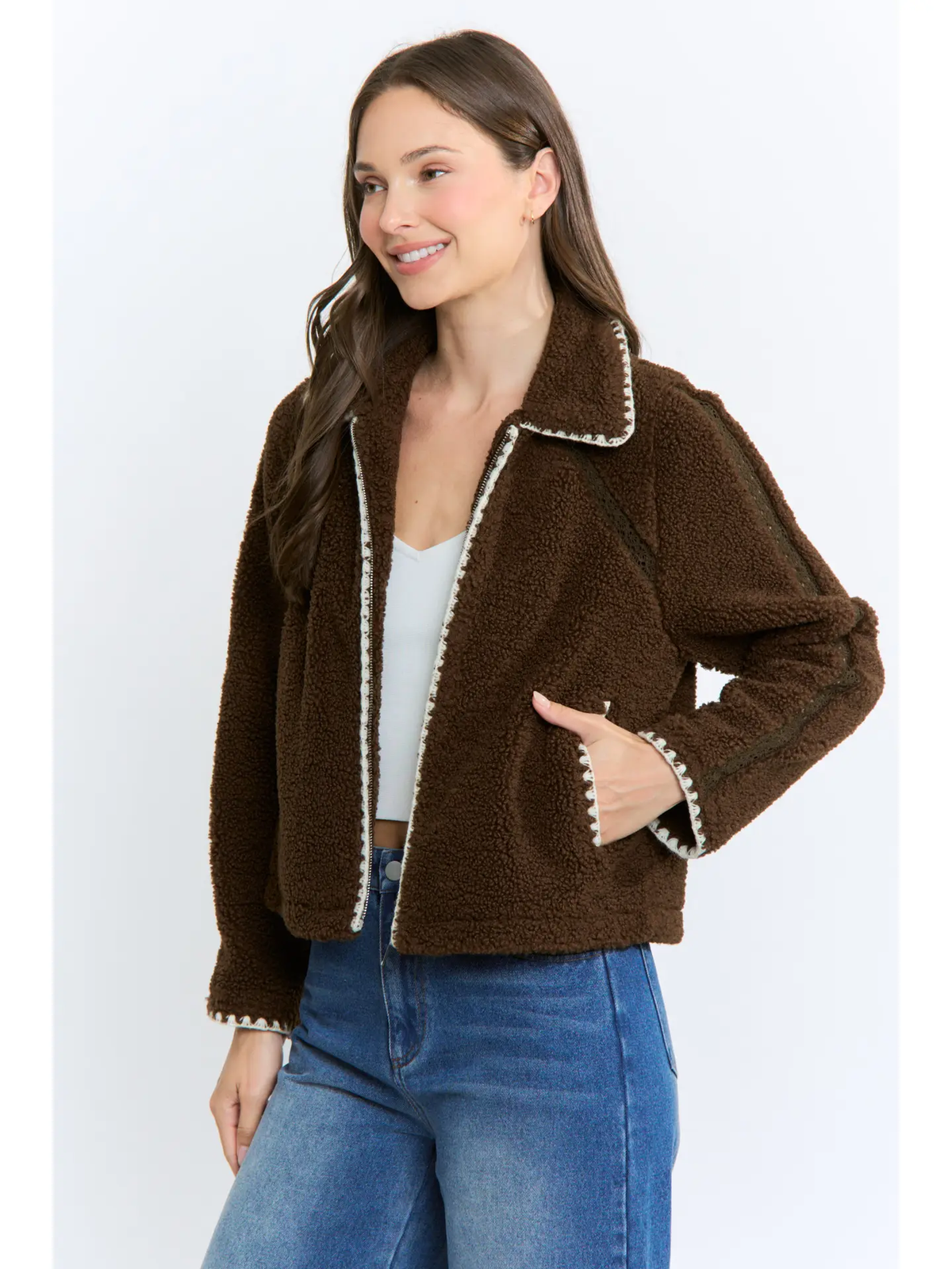 Sherpa Fleece Zip-Up Jacket Contrast Trim