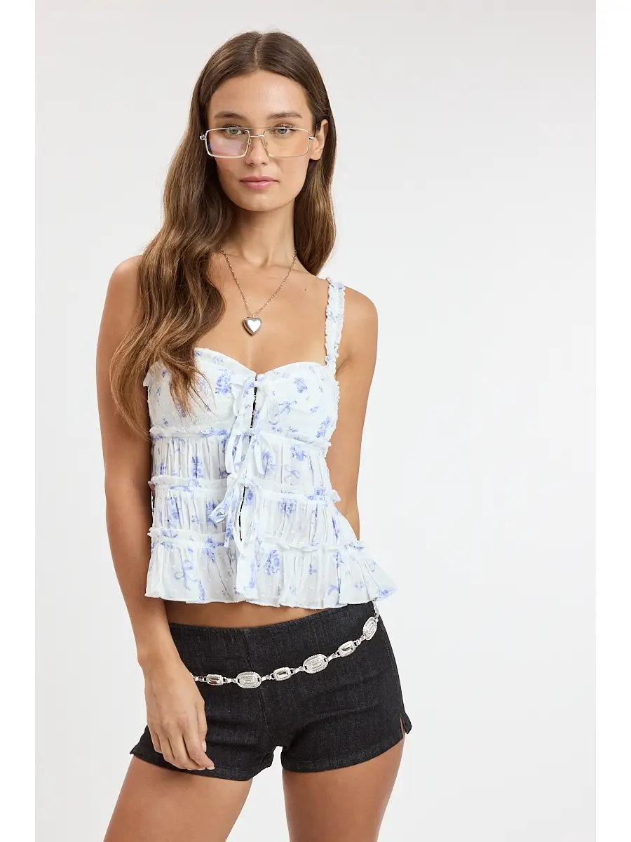 Ribbon Floral Clip Dot Tiered Ruffle Cami Crop Top - Blue Ribbon