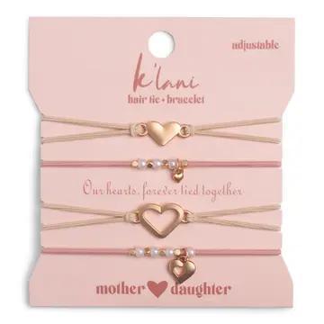 Mother / Daughter Pink with Pearls and Gold Hearts Shareable Hair Tie Bracelets