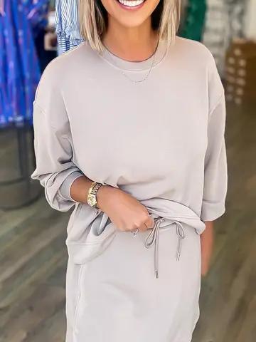 Solid Color Drop Shoulder Pullover & Drawstring Mini Skirt 2-Piece Outfit