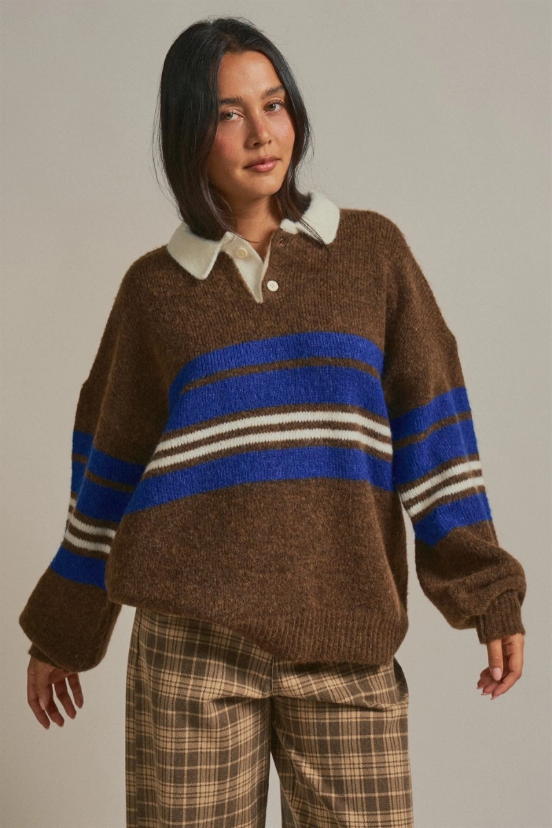 Striped Rugby Polo Sweater with Contrast Collar - Front View