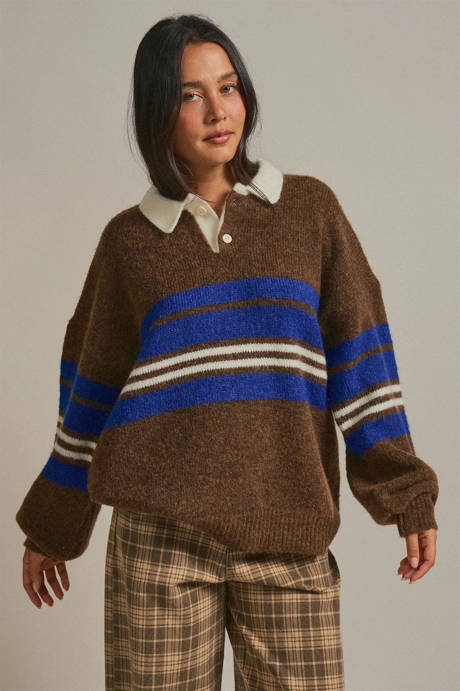 Striped Rugby Polo Sweater with Contrast Collar - Brown