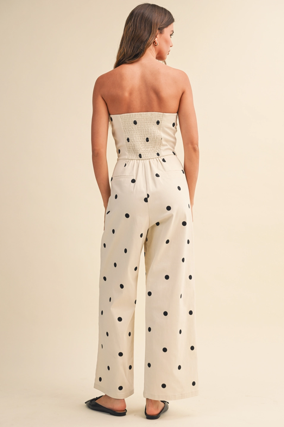 Polka Dot Stretch Twill Strapless Wide Leg Jumpsuit