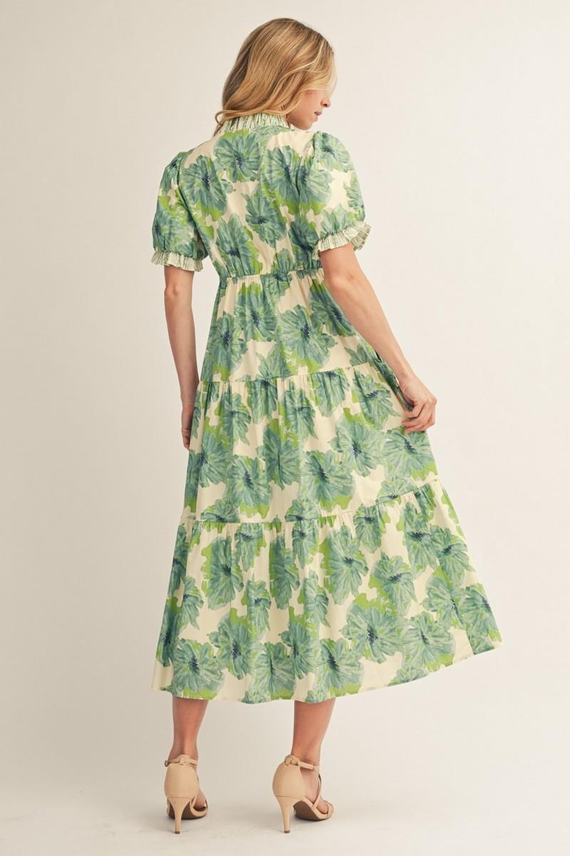 Ruffled Neckline Tiered Floral Midi Dress - Green Mix