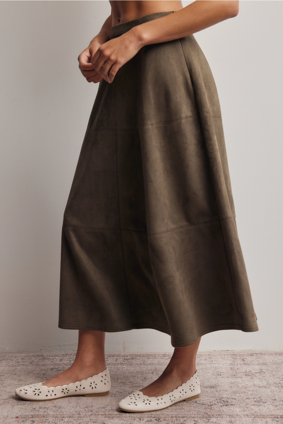 Stretched Suede A-Line Midi Skirt