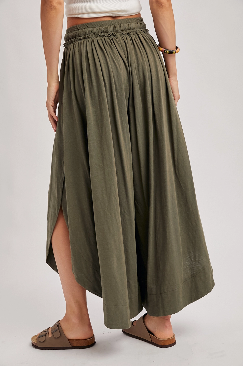 Bohemian Side Slit Rounded Hem Wide Leg Pants - Olive