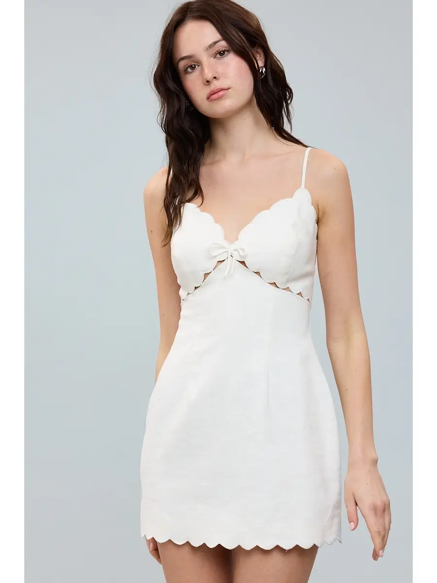 Linen Solid Color Scallop Cut V-Neck Mini Dress - White