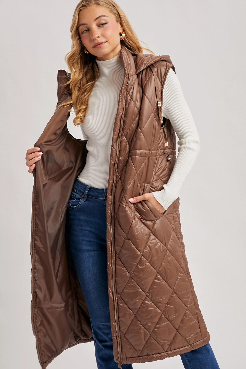 Diamond Quit Puffer Long-Line Hooded Vest - Coco