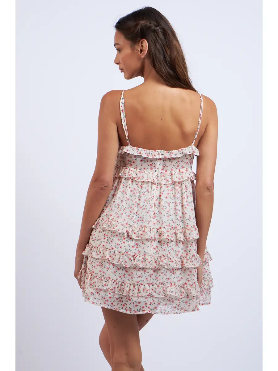 Pink Floral Sleeveless Tiered Ruffle Mini Dress